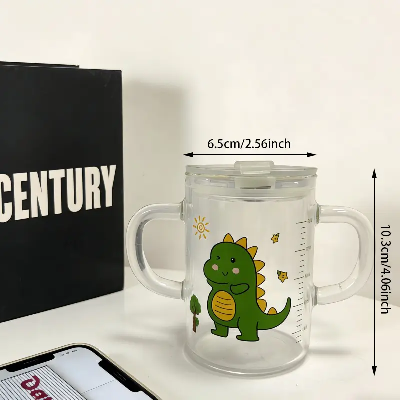 Cốc Sippy thủy tinh hai tay cầm có in hình khủng long dành cho trẻ em
