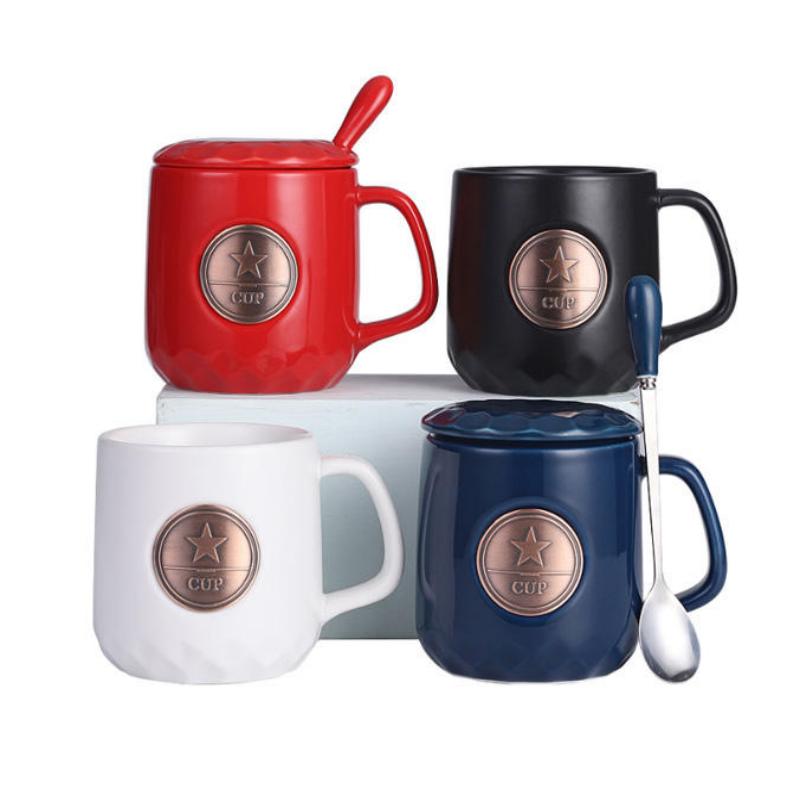 Star Metal Badge Cốc cà phê gốm sứ 400ml có nắp và thìa